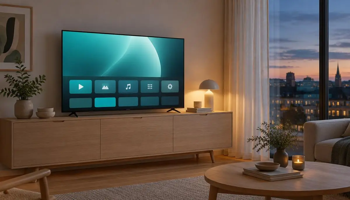 Samsung Smart TV med appmeny och fjärrkontroll inför IPTV-installation