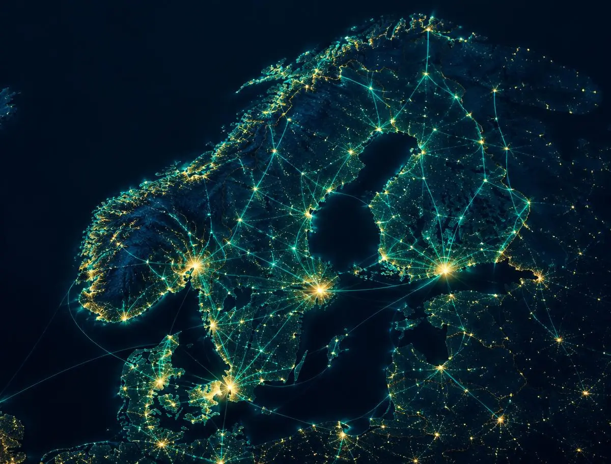 Karta över Norden med lysande nätverkslinjer mellan Sverige, Norge, Danmark och Finland